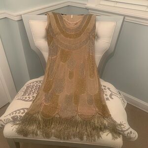 Naeem Khan Metallic Gold and Silver Fringe Midi Dress